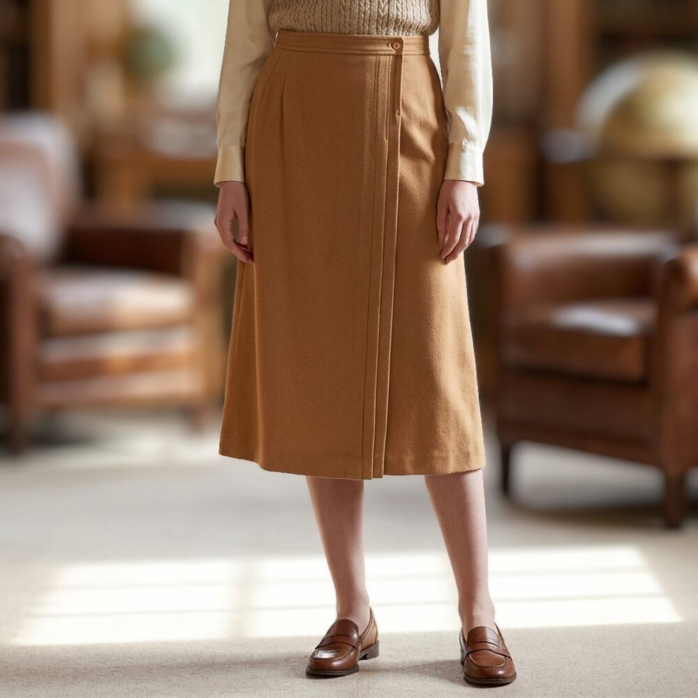Evan-Picone Vintage Wool Camel Midi Skirt Women L Academia Retro Quiet Luxury
